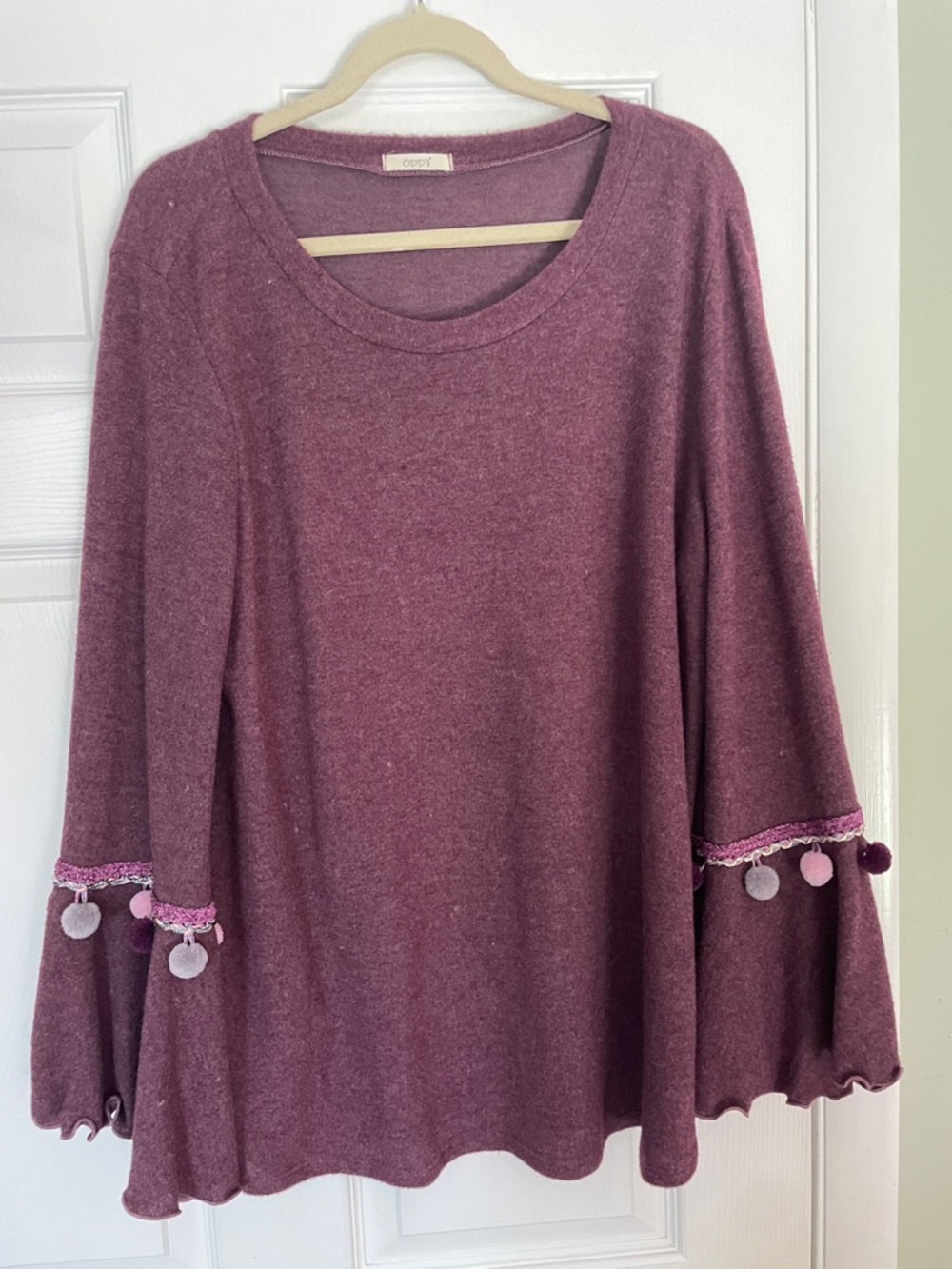 Oddy Mauve Bell-Sleeve Knit Top with Pom Trim